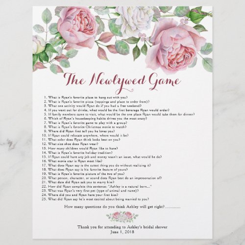 Burgundy Pink Rose Floral Bridal Shower Games Flyer