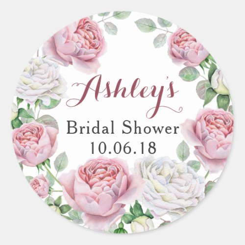 Burgundy Pink Rose Floral Bridal Shower Thank You Classic Round Sticker