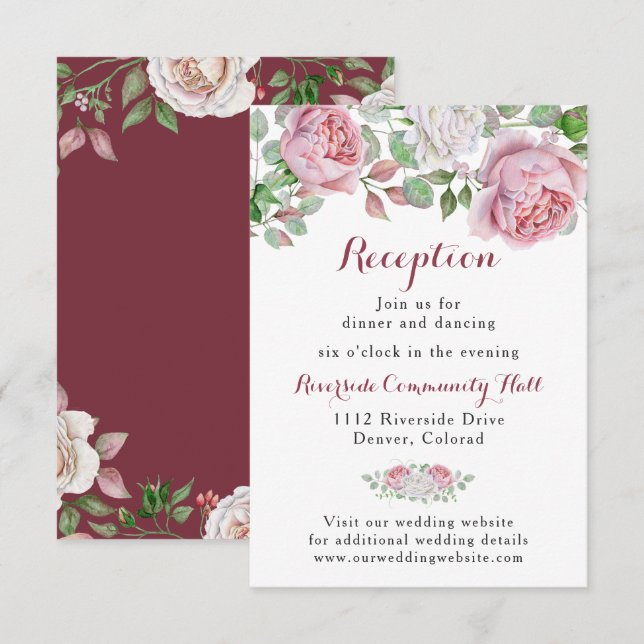 Burgundy Pink Rose Floral Wedding Reception Insert Invitation (Front/Back)