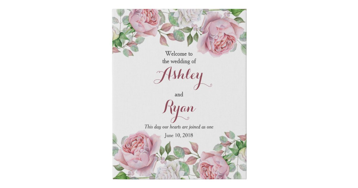Burgundy Pink Rose Floral Wedding Welcome Faux Canvas Print | Zazzle