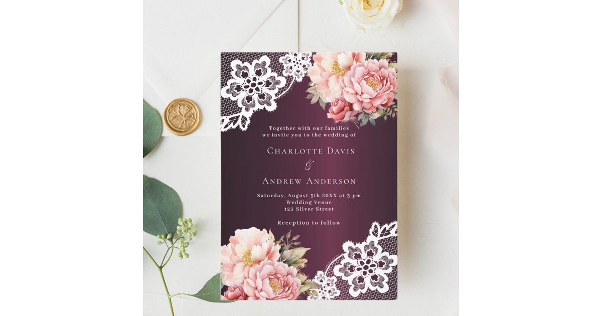 Burgundy pink rose gold floral lace luxury wedding invitation | Zazzle