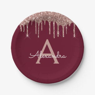 Burgundy Pink Rose Gold Glitter Monogram Birthday Paper Plates