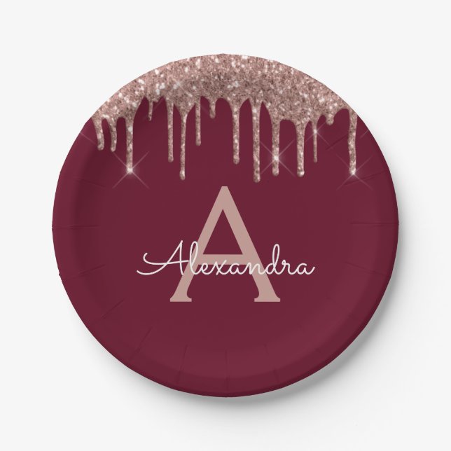 Burgundy Pink Rose Gold Glitter Monogram Birthday Paper Plates (Front)