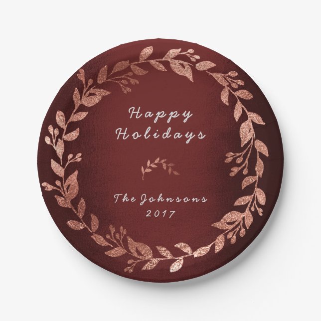 Burgundy Pink Rose Gold Gray Christmas Paper Plates (Front)