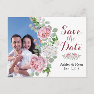Burgundy Pink Rose Photo Wedding Save the Date Announcement Postcard