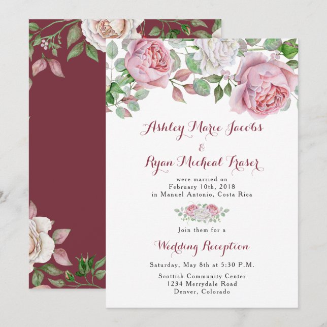 Burgundy Pink Rose Post Wedding Reception Only Invitation (Front/Back)