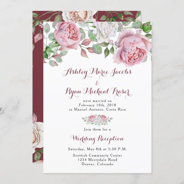 Burgundy Pink Rose Post Wedding Reception Only Invitation | Zazzle