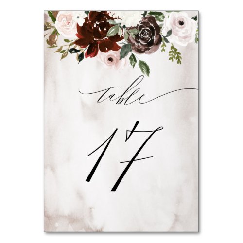 Burgundy Pink Rose Watercolor Floral No 17 Wedding Table Number