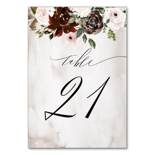 Burgundy Pink Rose Watercolor Floral No 21 Wedding Table Number