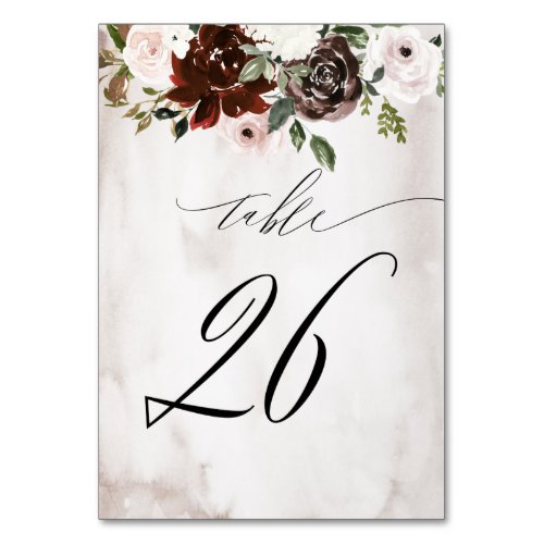 Burgundy Pink Rose Watercolor Floral No 26 Wedding Table Number