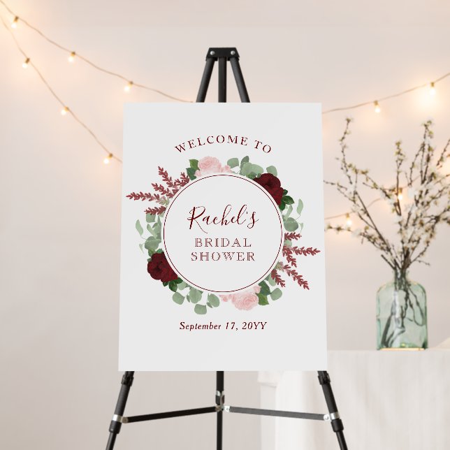Burgundy & Pink Roses Floral Bridal Shower Welcome Foam Board (In Situ (Stand))