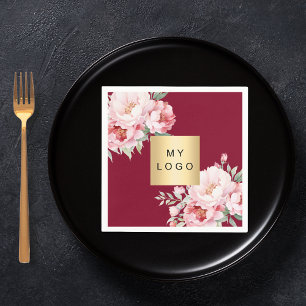 Burgundy pink roses florals business logo napkins