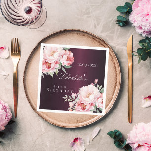 Burgundy pink roses florals elegant birthday napkins