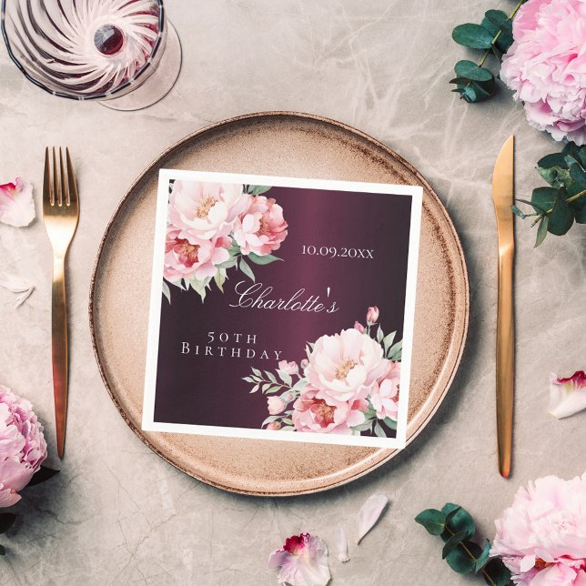 Burgundy pink roses florals elegant birthday napkins (Creator Uploaded)