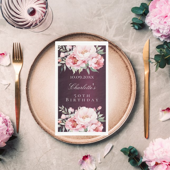 Burgundy pink roses florals elegant birthday paper guest towels (Creator Uploaded)