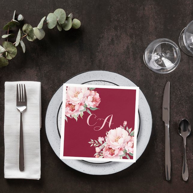 Burgundy pink roses florals monogram birthday napkins (Creator Uploaded)