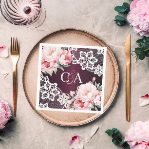 Burgundy pink roses florals monogram wedding napkins