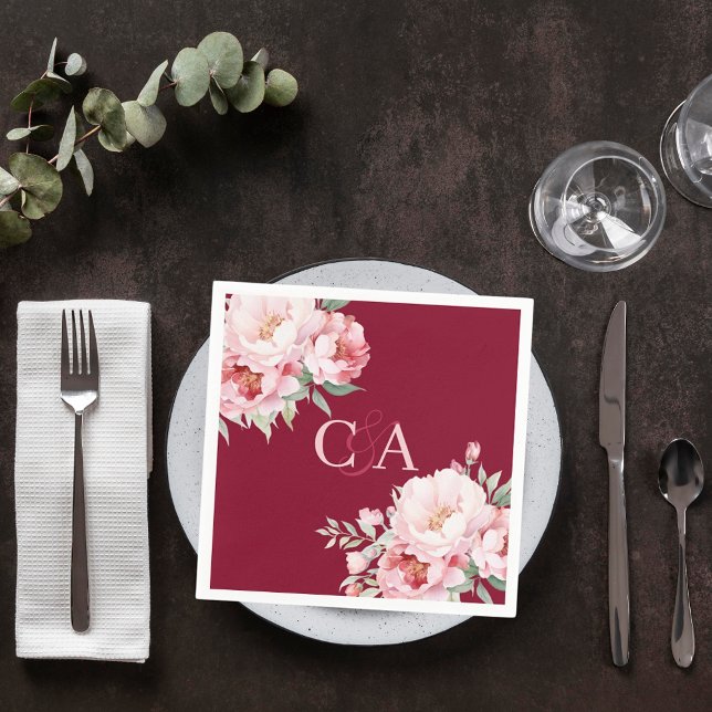 Burgundy pink roses florals monogram wedding napkins (Creator Uploaded)