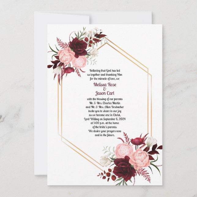 Burgundy Pink Roses Gold Frame Wedding Invitation (Front)