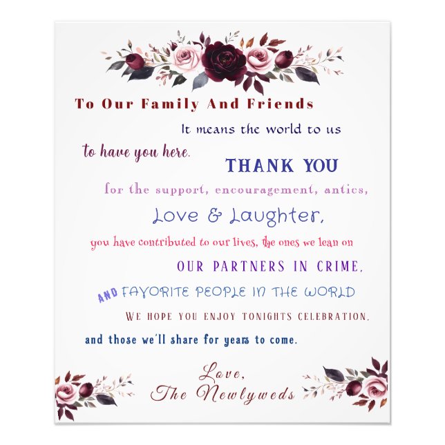 Burgundy & Pink Roses Wedding Thank You Photo Print (Front)