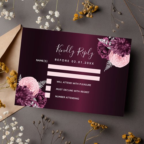 Burgundy pink silver floral wedding RSVP Note Card