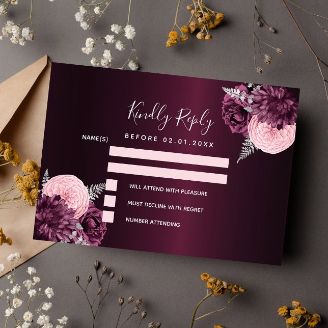 Burgundy pink silver floral wedding RSVP Note Card (Creator Uploaded)