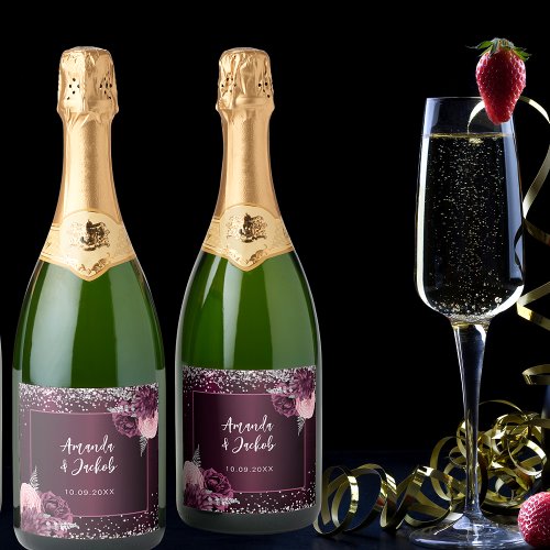Burgundy pink silver florals wedding sparkling wine label