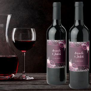 Burgundy pink silver florals wedding wine label