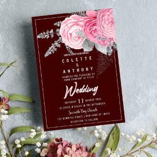 Burgundy pink silver glitter peony floral Wedding Invitation