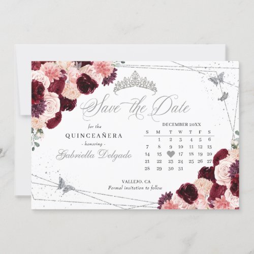 Burgundy Pink  Silver Quinceaera Save The Date Invitation