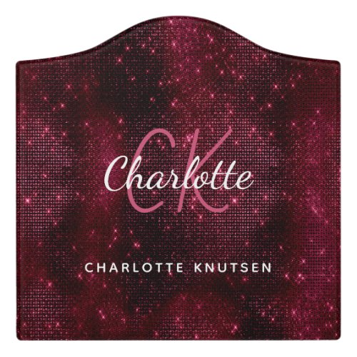 Burgundy pink sparkle name monogram script  door sign