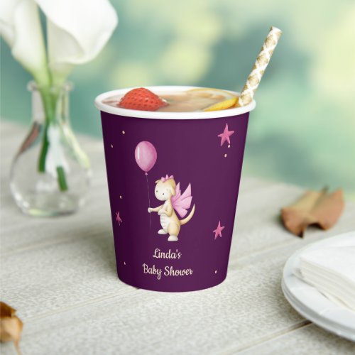 Burgundy Pink Star Baby Dragon Girl Baby Shower Paper Cups