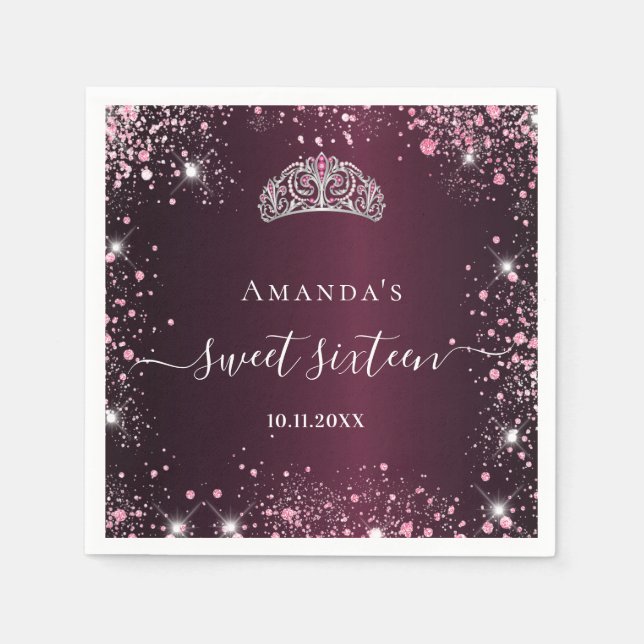 Burgundy pink tiara name script Sweet 16 Napkins (Front)