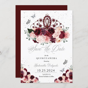Burgundy Pink Tiara Save The Date Quinceañera Invitation