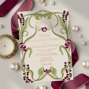 Burgundy Pink Vintage Art Nouveau Floral Wedding Foil Invitation