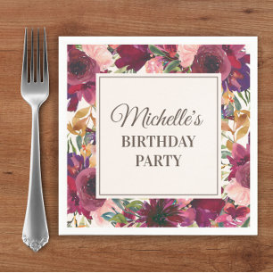 Burgundy Pink Watercolor Floral Birthday Napkins