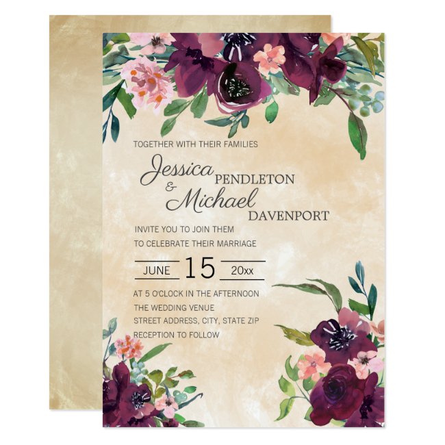 Burgundy Pink Watercolor Floral Sage Green Wedding Invitation