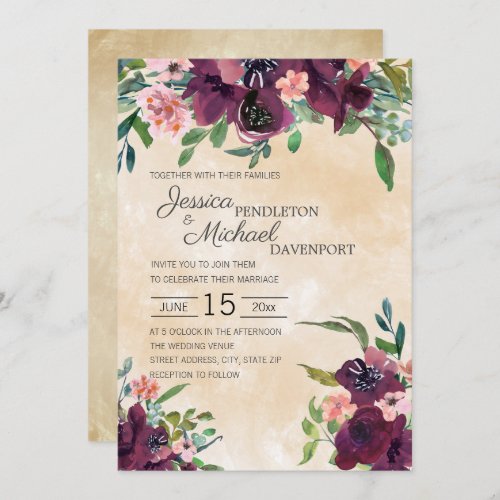 Burgundy Pink Watercolor Floral Sage Green Wedding Invitation