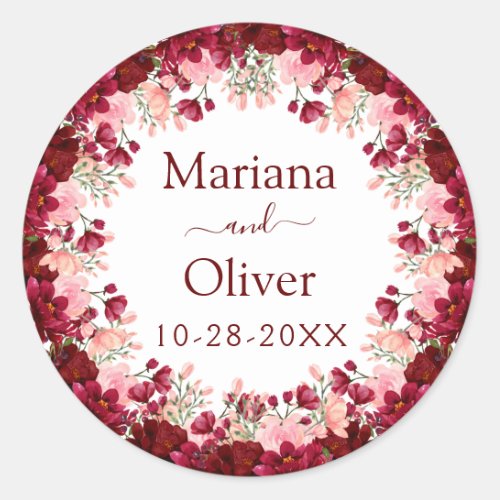 Burgundy Pink Watercolor Floral Wedding Classic Round Sticker