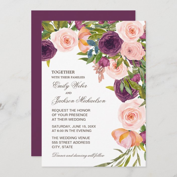 Burgundy Pink Watercolor Floral Wedding Invitation