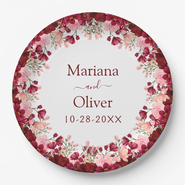 Burgundy Pink Watercolor Floral Wedding Paper Plates (Front)