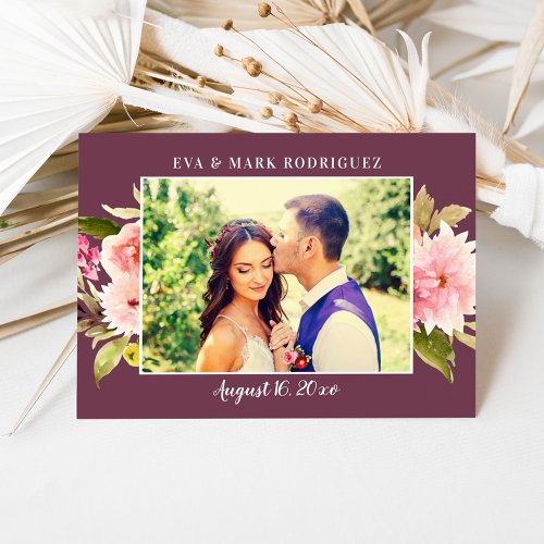 Burgundy Pink Watercolor Flowers Wedding Photo Thank You Card