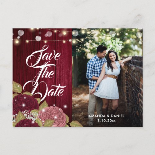 Burgundy Pink Wedding Photo Save The Date Postcard