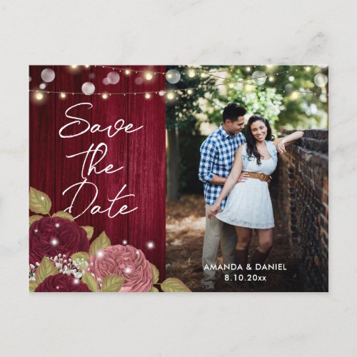 Burgundy Pink Wedding Photo Save The Date Postcard