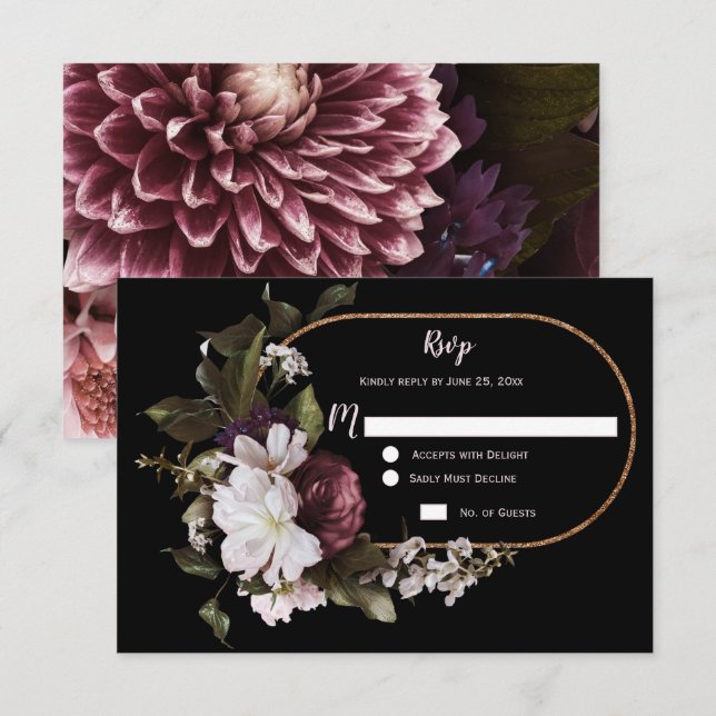 Burgundy Pink White Floral Gold Frame RSVP | (Front/Back)