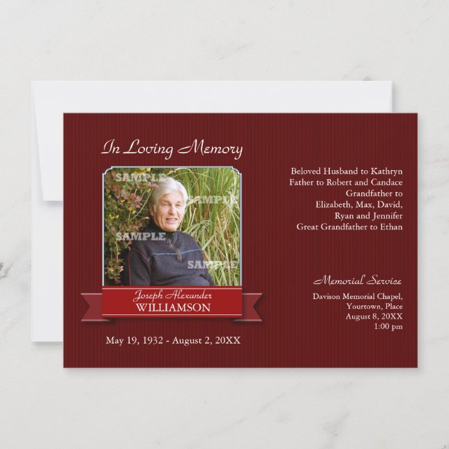 Burgundy Pinstripe Banner Memorial Notice Invitation (Front)