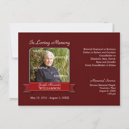 Burgundy Pinstripe Banner Memorial Notice Custom Invite