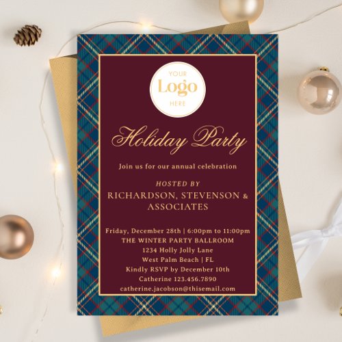 Burgundy Plaid Custom Logo Corporate Holiday Party Invitation