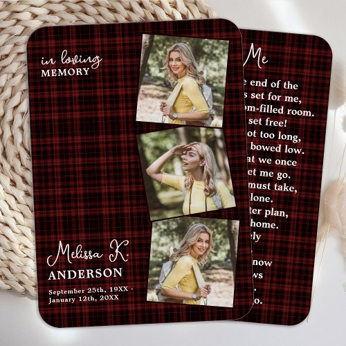 Burgundy Plaid Funeral Photo Memorial Prayer Card