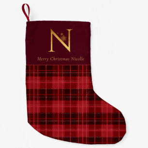 Burgundy Plaid Gold Monogram Letter N Small Christmas Stocking